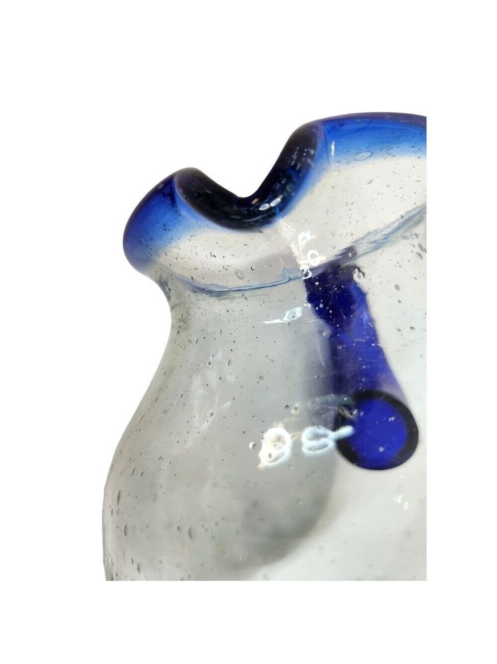 Artisan Handblown Glass Pitcher with Cobalt Blue Handle and Rim - Picture 5 of 10